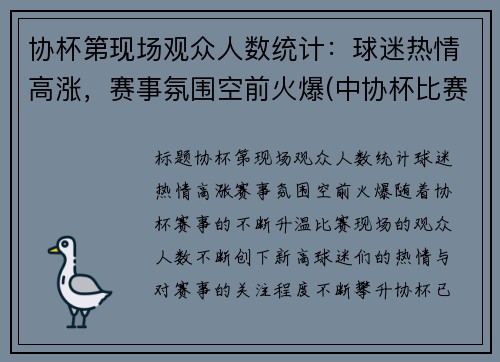 协杯第现场观众人数统计：球迷热情高涨，赛事氛围空前火爆(中协杯比赛结果)