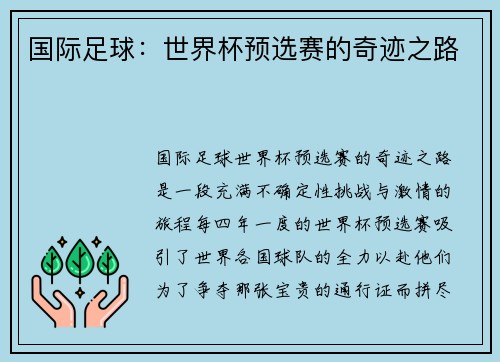 国际足球：世界杯预选赛的奇迹之路