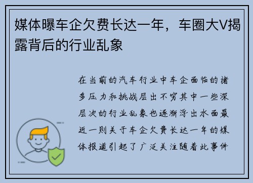 媒体曝车企欠费长达一年，车圈大V揭露背后的行业乱象