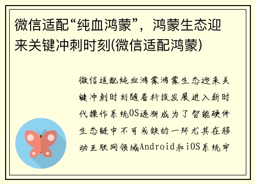 微信适配“纯血鸿蒙”，鸿蒙生态迎来关键冲刺时刻(微信适配鸿蒙)