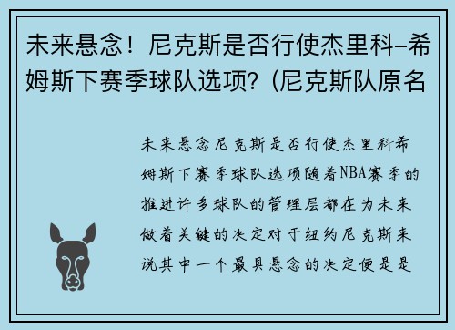 未来悬念！尼克斯是否行使杰里科-希姆斯下赛季球队选项？(尼克斯队原名)