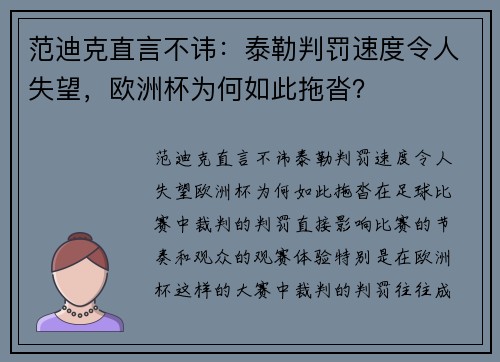 范迪克直言不讳：泰勒判罚速度令人失望，欧洲杯为何如此拖沓？