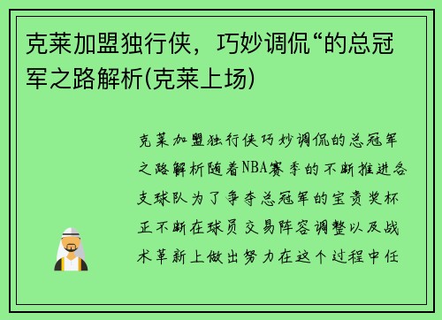 克莱加盟独行侠，巧妙调侃“的总冠军之路解析(克莱上场)