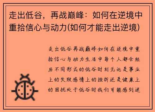 走出低谷，再战巅峰：如何在逆境中重拾信心与动力(如何才能走出逆境)
